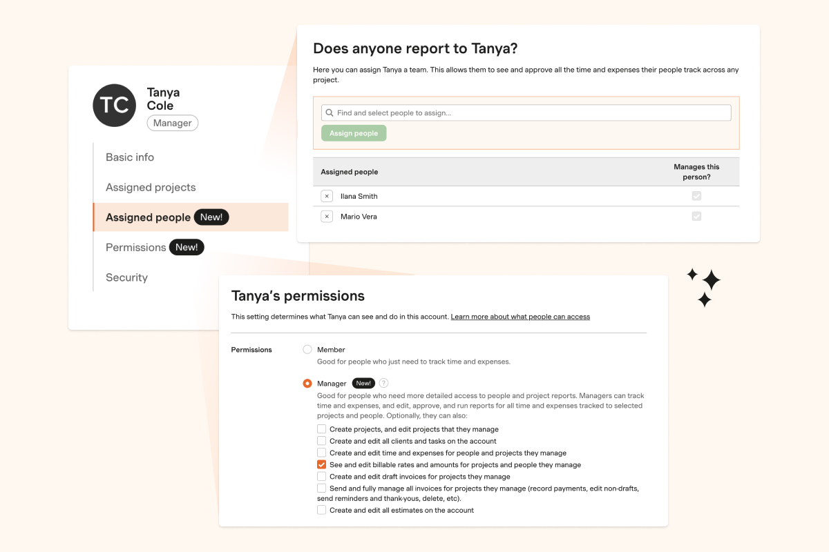 An image of 3 screens. First, a menu with new Assigned People and Permissions tabs. Second, a page where you can assign teammates to their lead. And third, a page to set up permissions for a teammate.